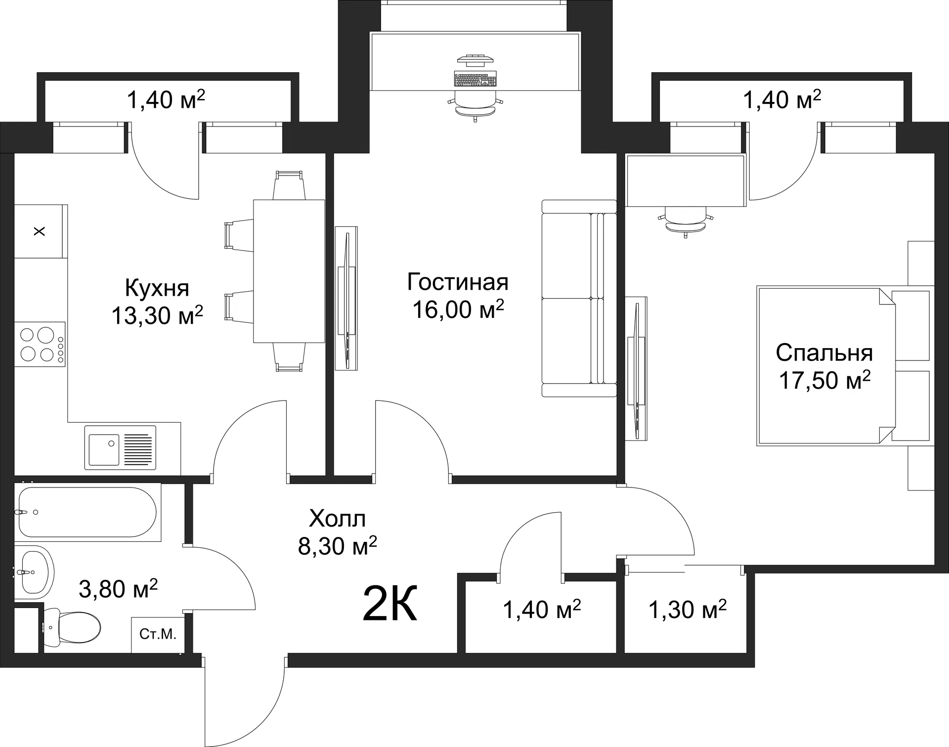 Планировка 2-комнатной квартиры 61.6 м² в ЖК Рахманинов, г. Новгород — фото 2