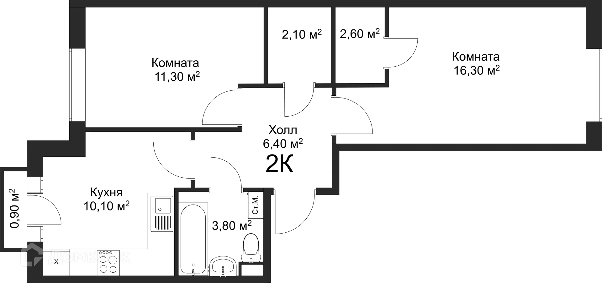 Планировка 2-комнатной квартиры 52.6 м² в ЖК Рахманинов, г. Новгород — фото 1