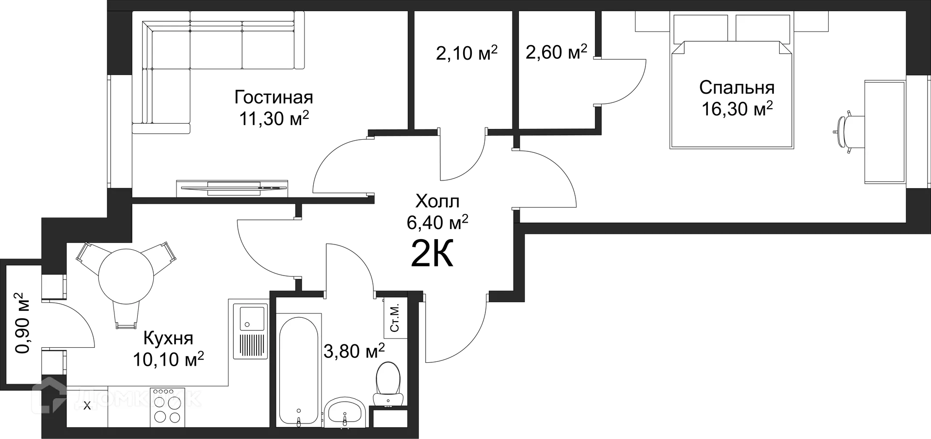 Планировка 2-комнатной квартиры 52.6 м² в ЖК Рахманинов, г. Новгород — фото 2