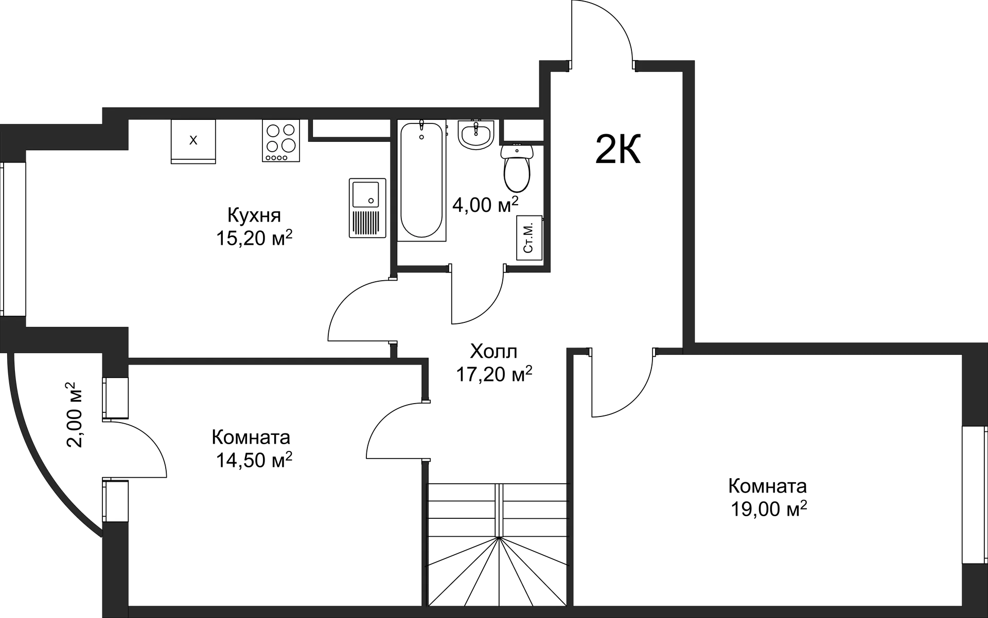 Планировка 2-комнатной квартиры 95.6 м² в ЖК Рахманинов, г. Новгород — фото 1