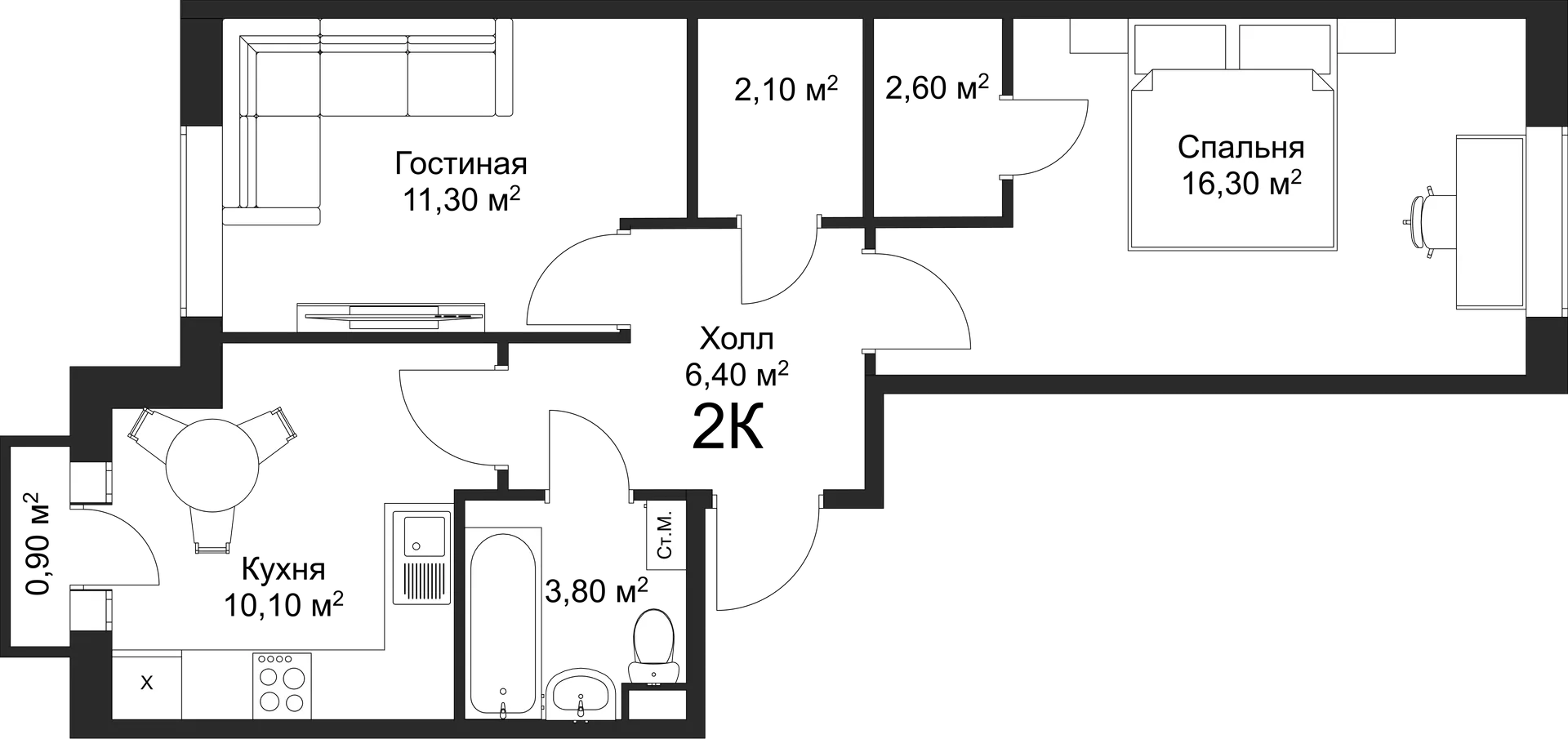 Планировка 2-комнатной квартиры 52.6 м² в ЖК Рахманинов, г. Новгород — фото 2