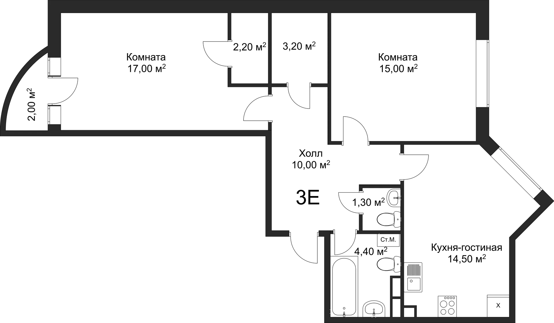 Планировка 2-комнатной квартиры 67.6 м² в ЖК Рахманинов, г. Новгород — фото 1