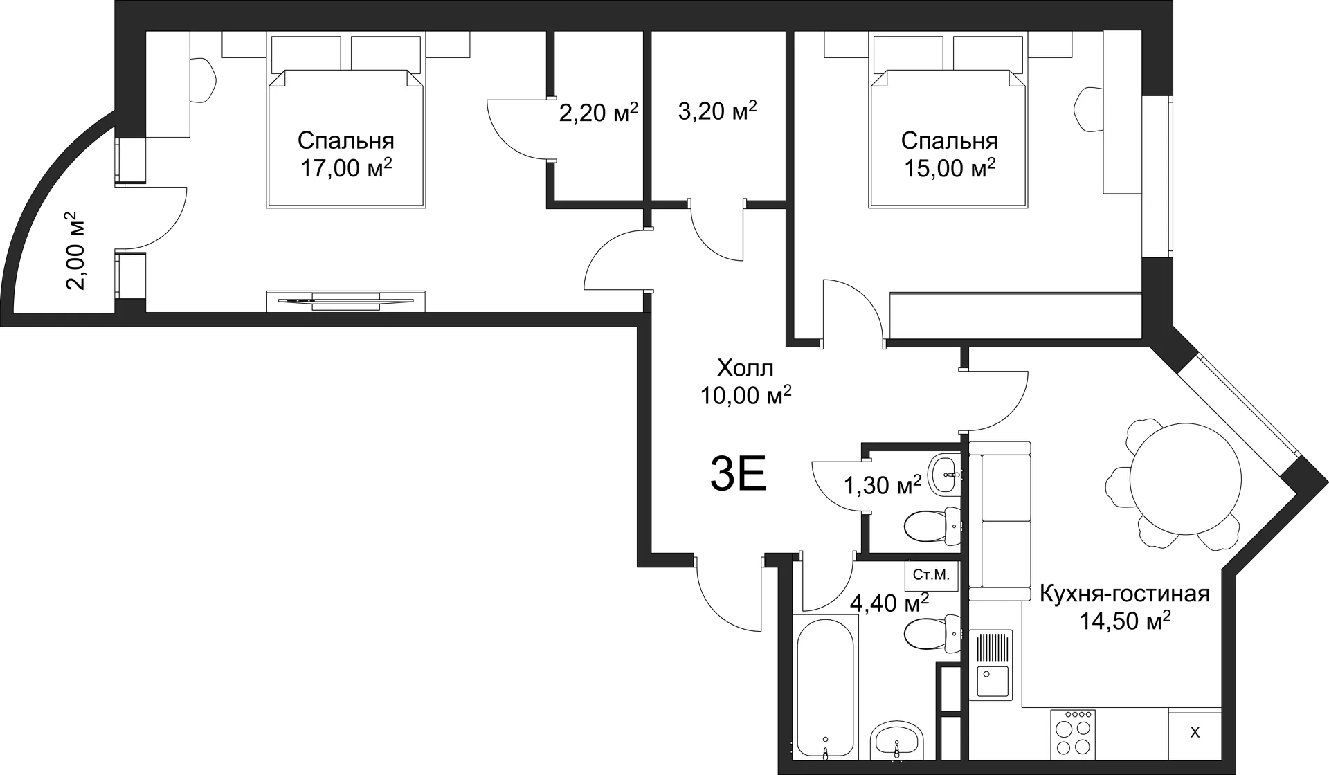 Планировка 2-комнатной квартиры 67.6 м² в ЖК Рахманинов, г. Новгород — фото 2