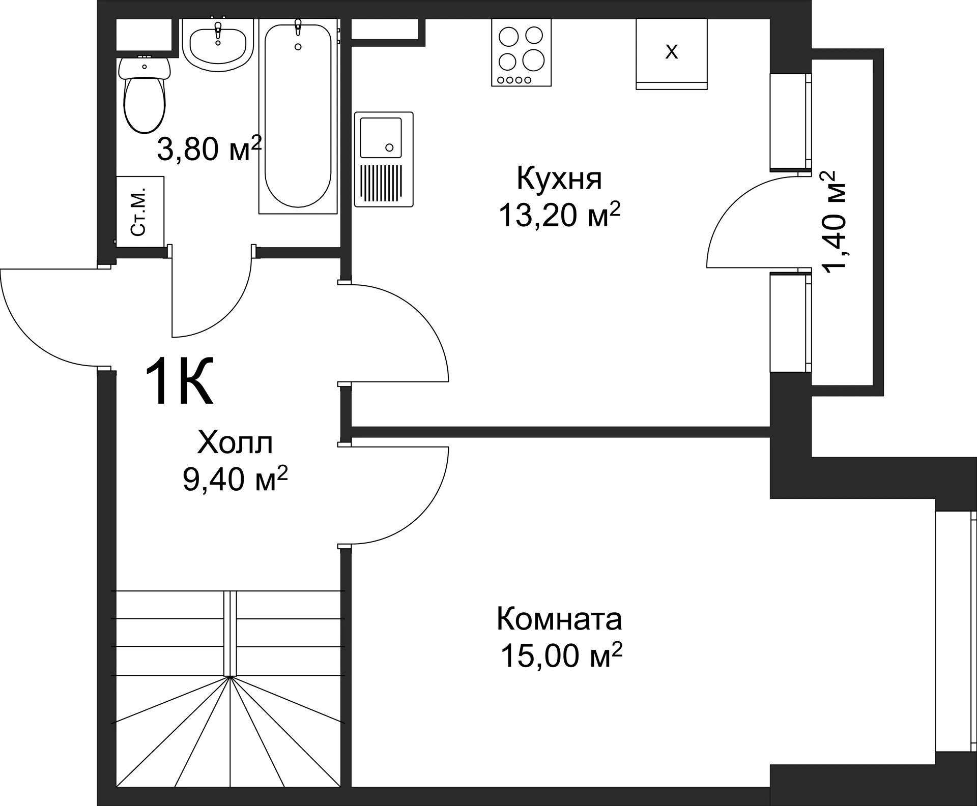 Планировка 1-комнатной квартиры 56.9 м² в ЖК Рахманинов, г. Новгород — фото 1