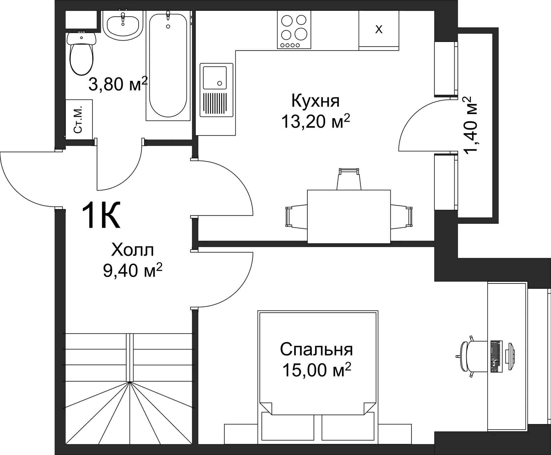 Планировка 1-комнатной квартиры 56.9 м² в ЖК Рахманинов, г. Новгород — фото 2