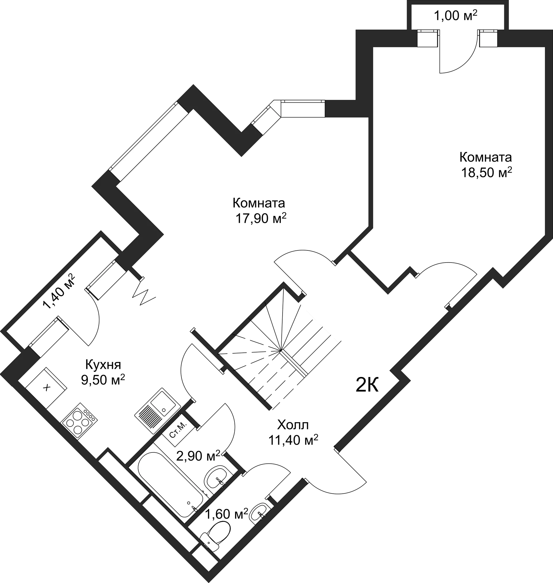 Планировка 2-комнатной квартиры 90 м² в ЖК Рахманинов, г. Новгород — фото 1