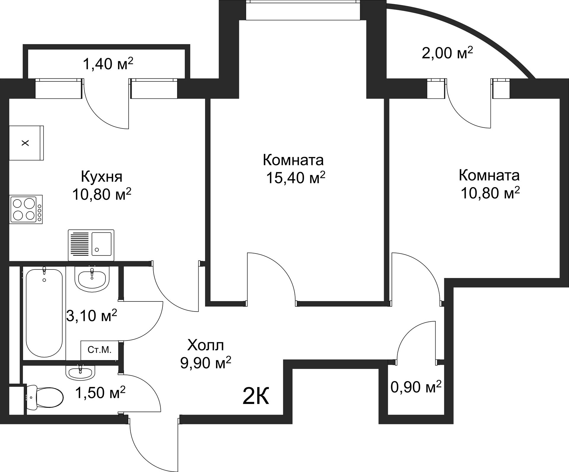 Планировка 2-комнатной квартиры 52.2 м² в ЖК Рахманинов, г. Новгород — фото 1