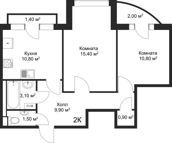 Планировка 2 комн. в ЖК Рахманинов