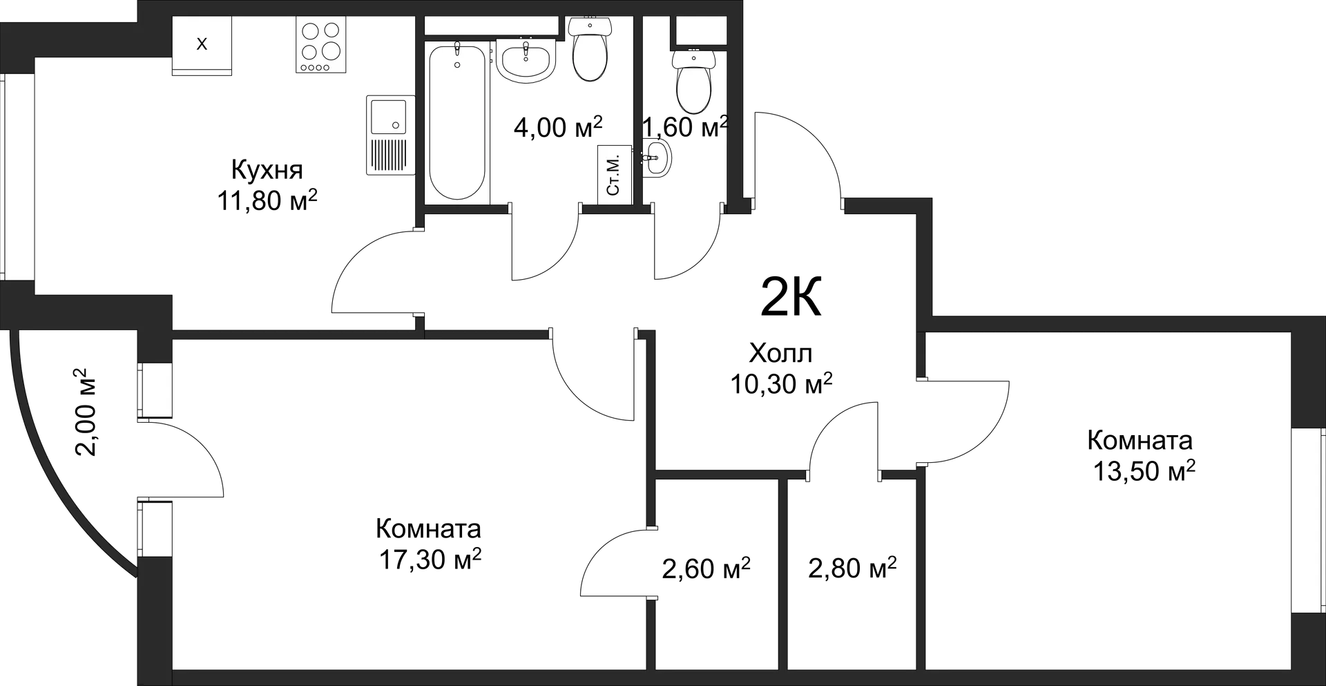 Планировка 2-комнатной квартиры 63.9 м² в ЖК Рахманинов, г. Новгород — фото 1