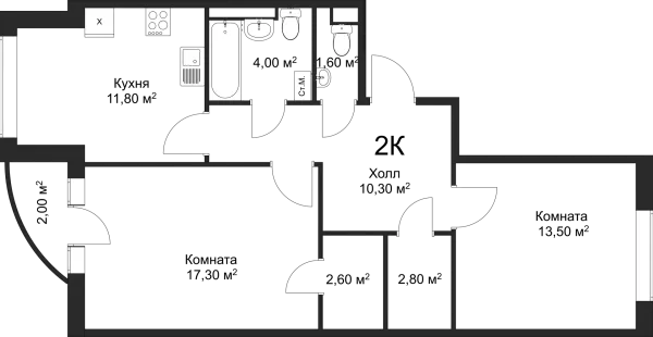 Планировка 2 комн. в ЖК Рахманинов