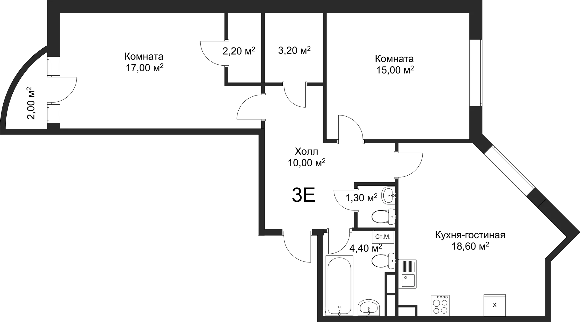 Планировка 2-комнатной квартиры 71.7 м² в ЖК Рахманинов, г. Новгород — фото 1