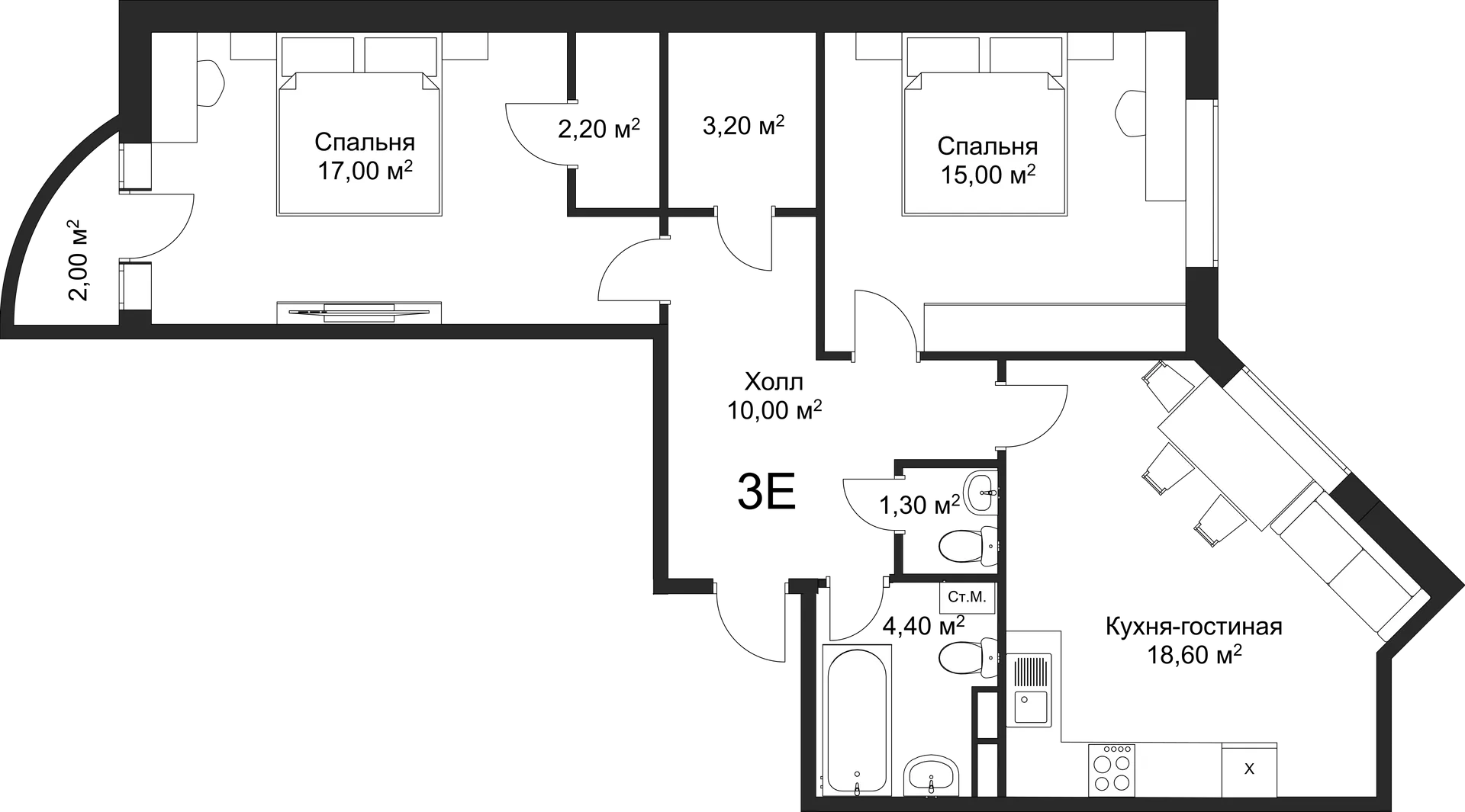 Планировка 2-комнатной квартиры 71.7 м² в ЖК Рахманинов, г. Новгород — фото 2