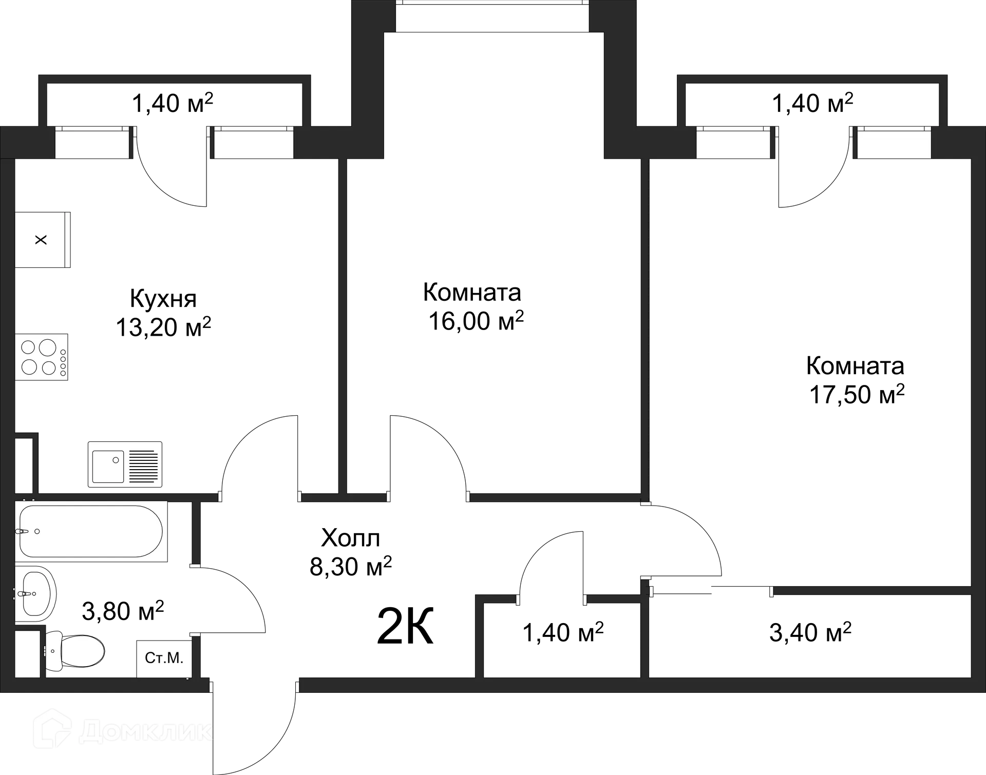 Планировка 2-комнатной квартиры 63.6 м² в ЖК Рахманинов, г. Новгород — фото 1