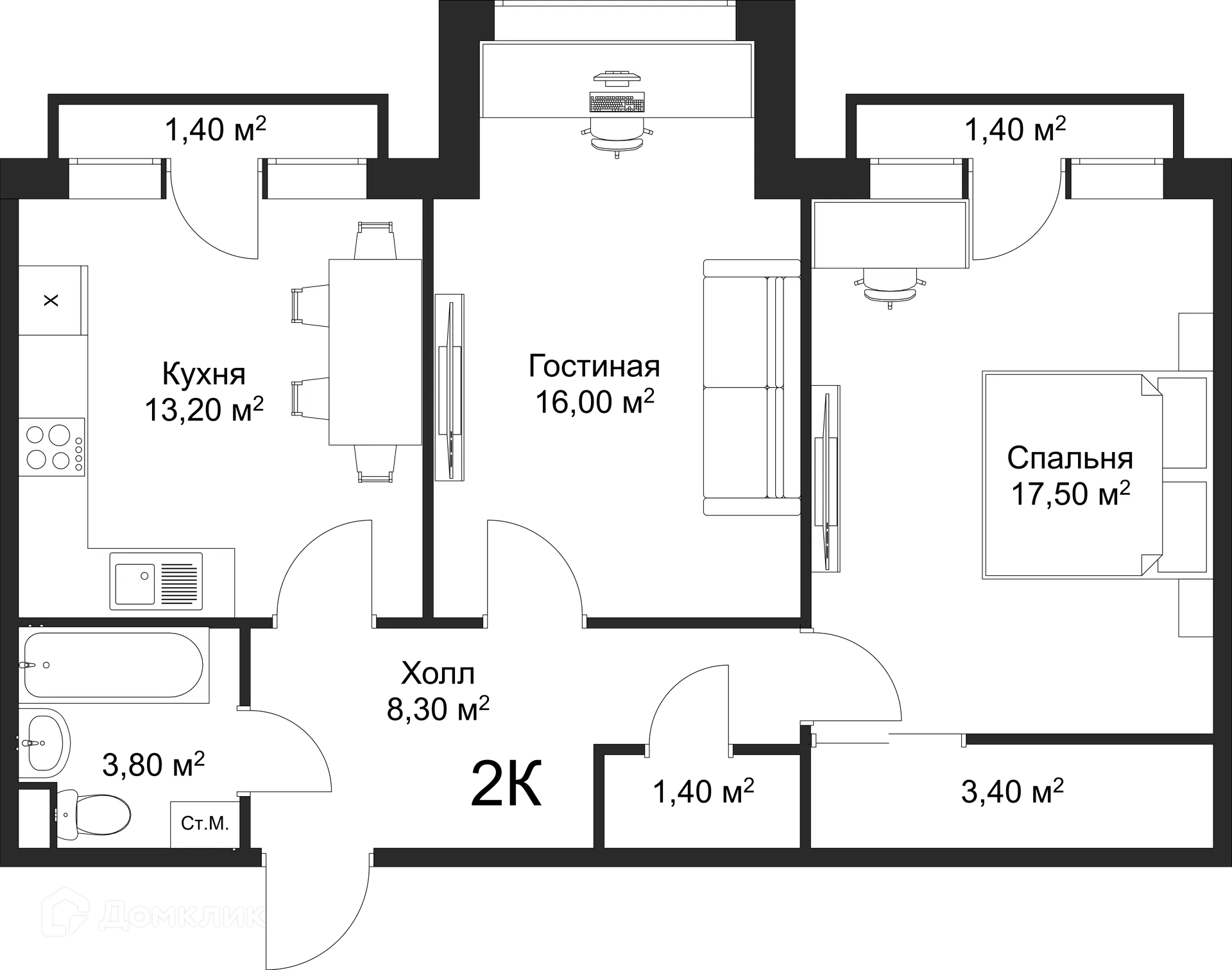 Планировка 2-комнатной квартиры 63.6 м² в ЖК Рахманинов, г. Новгород — фото 2