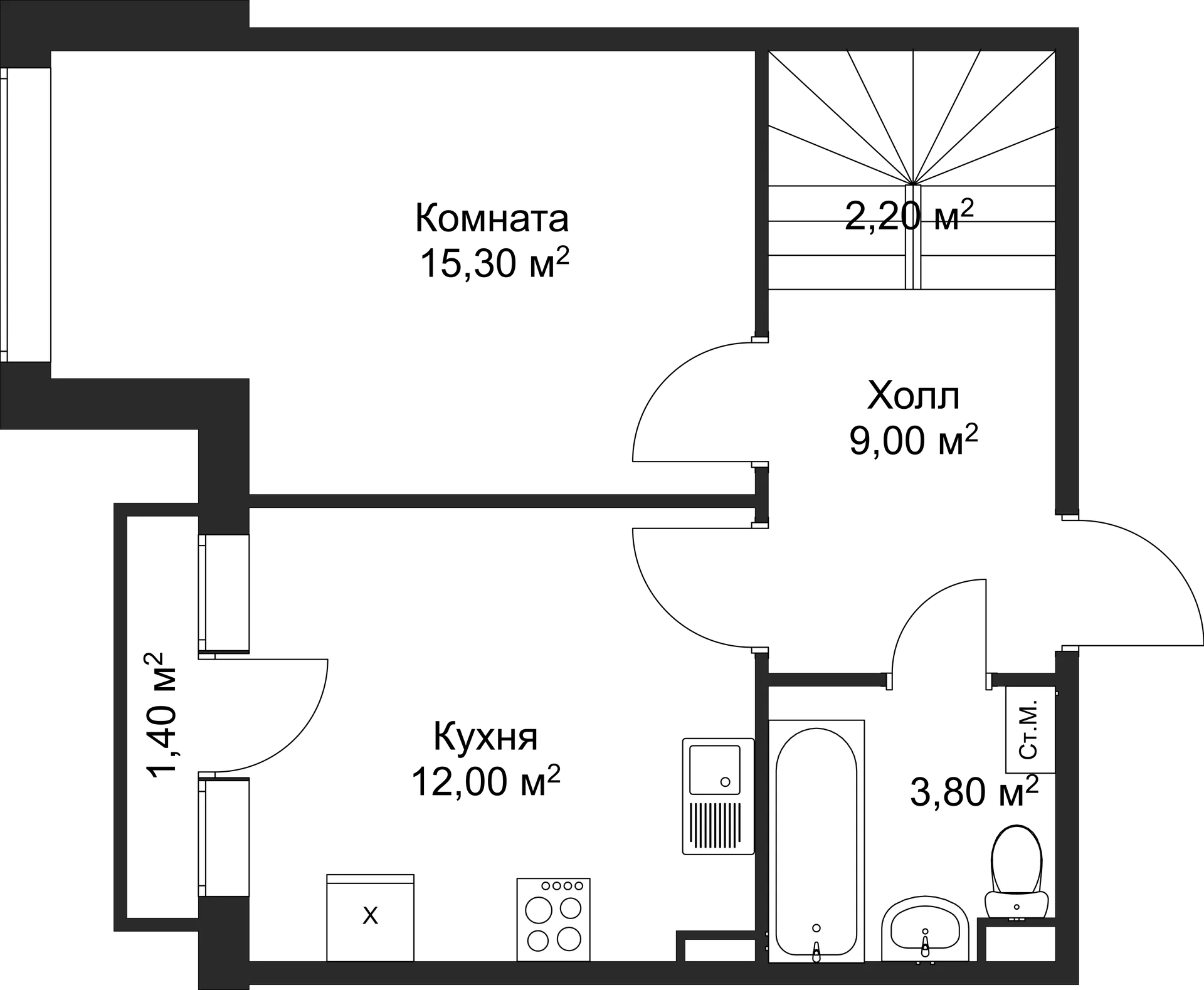 Планировка 1-комнатной квартиры 54.7 м² в ЖК Рахманинов, г. Новгород — фото 1