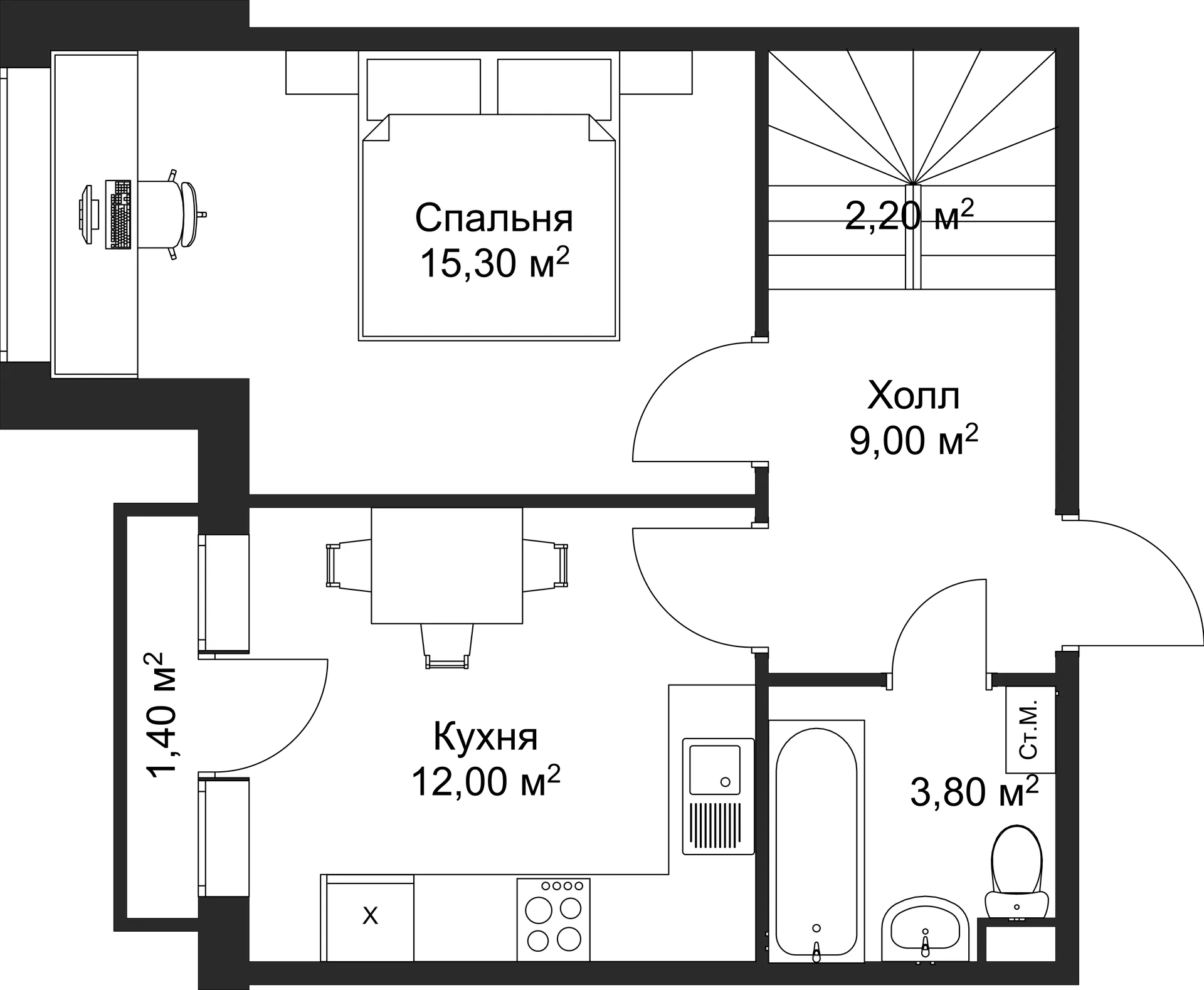 Планировка 1-комнатной квартиры 54.7 м² в ЖК Рахманинов, г. Новгород — фото 2