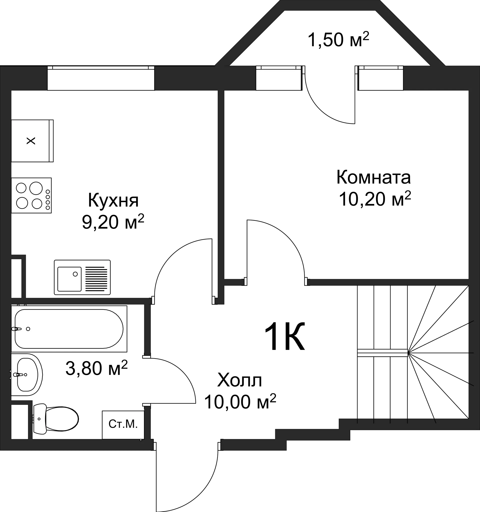 Планировка 1-комнатной квартиры 44.8 м² в ЖК Рахманинов, г. Новгород — фото 1