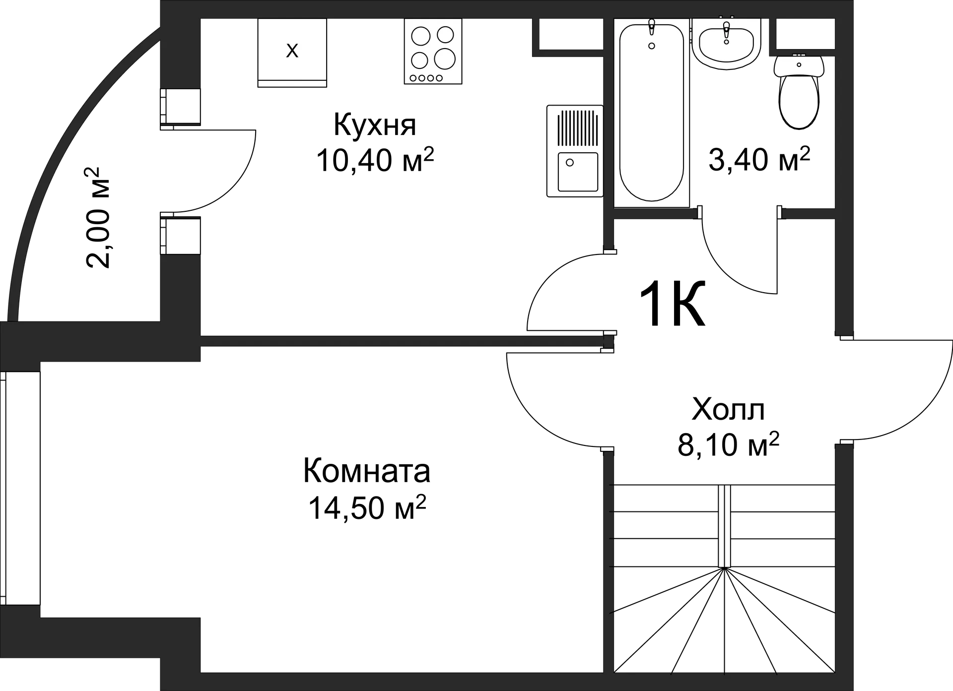 Планировка 1-комнатной квартиры 50 м² в ЖК Рахманинов, г. Новгород — фото 1