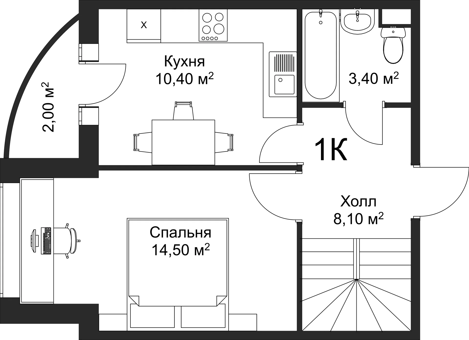 Планировка 1-комнатной квартиры 50 м² в ЖК Рахманинов, г. Новгород — фото 2
