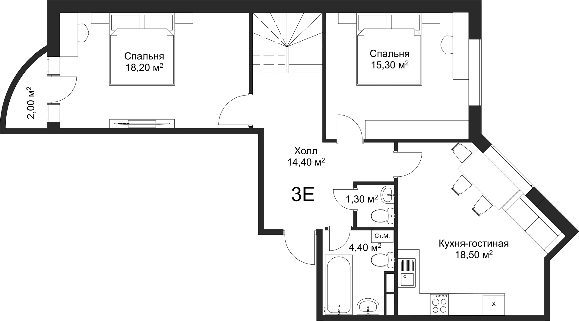 Планировка 3-комнатной квартиры 101.1 м² в ЖК Рахманинов, г. Новгород — фото 2