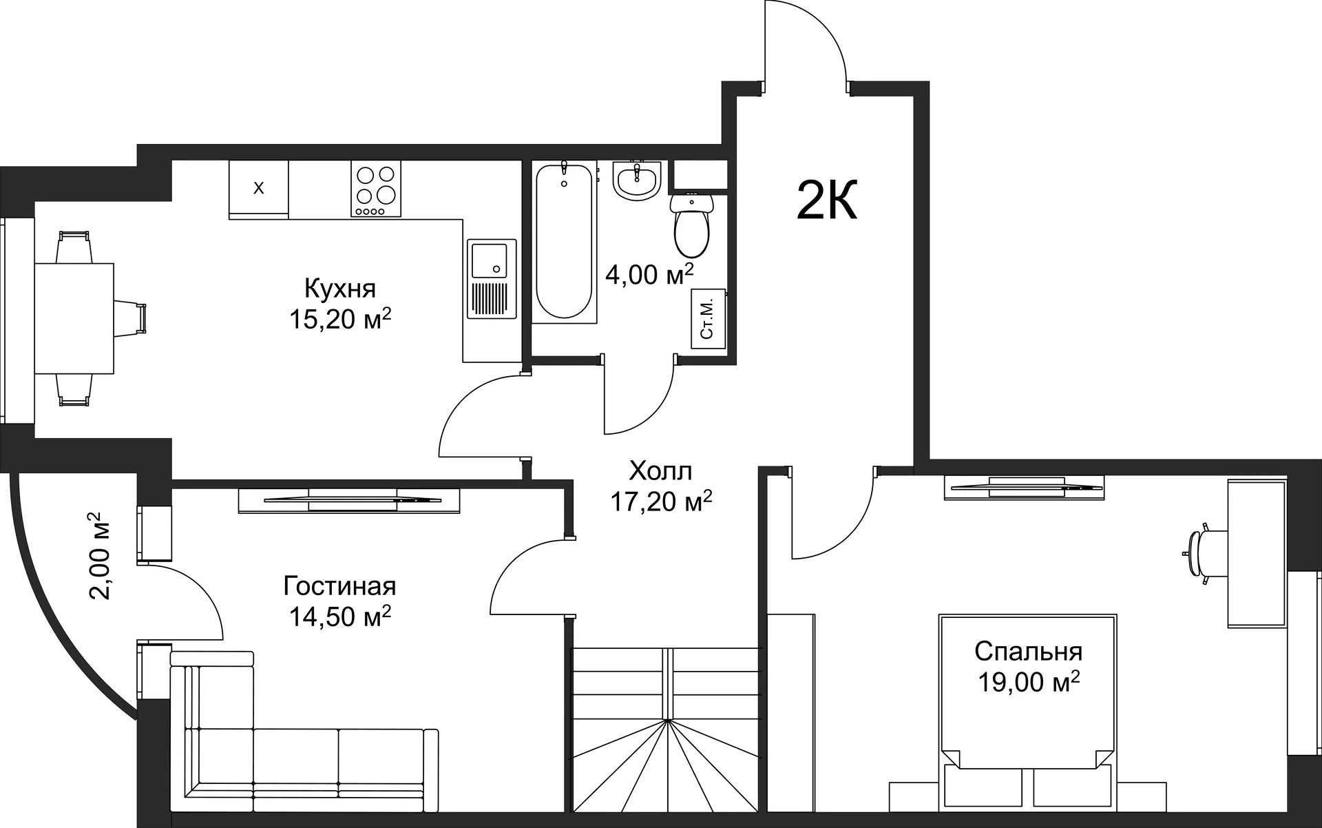 Планировка 2-комнатной квартиры 95.6 м² в ЖК Рахманинов, г. Новгород — фото 2