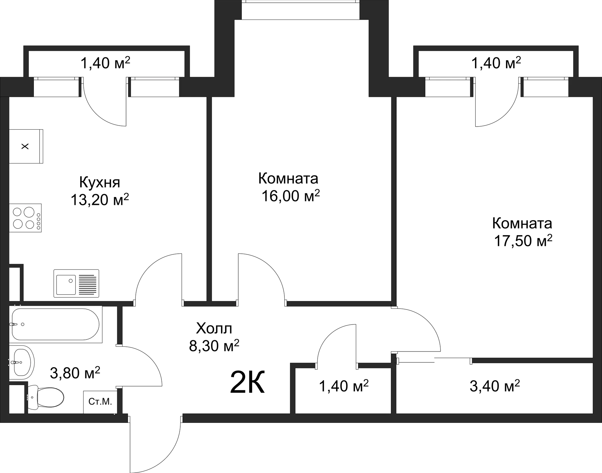 Планировка 2-комнатной квартиры 63.6 м² в ЖК Рахманинов, г. Новгород — фото 1