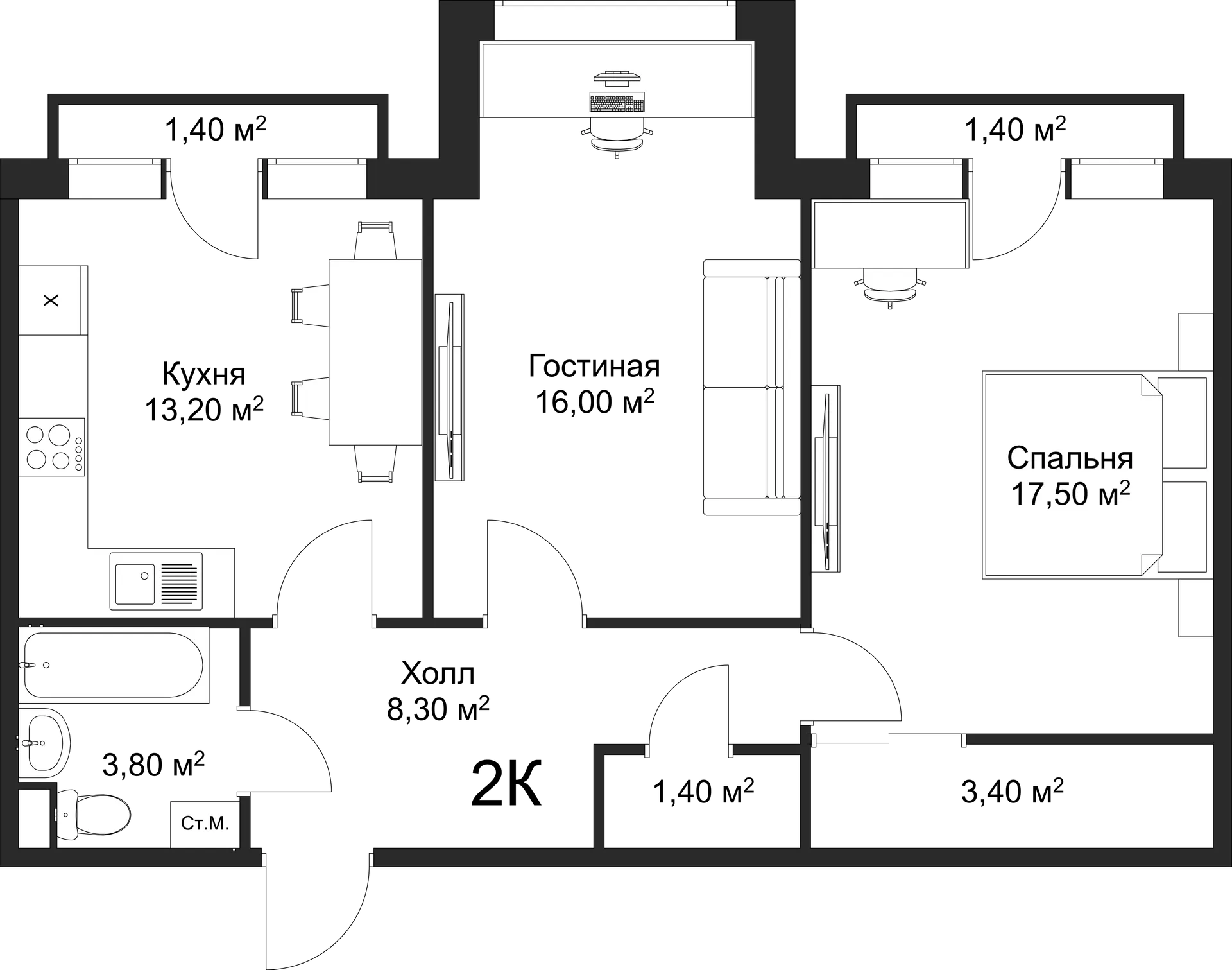 Планировка 2-комнатной квартиры 63.6 м² в ЖК Рахманинов, г. Новгород — фото 2