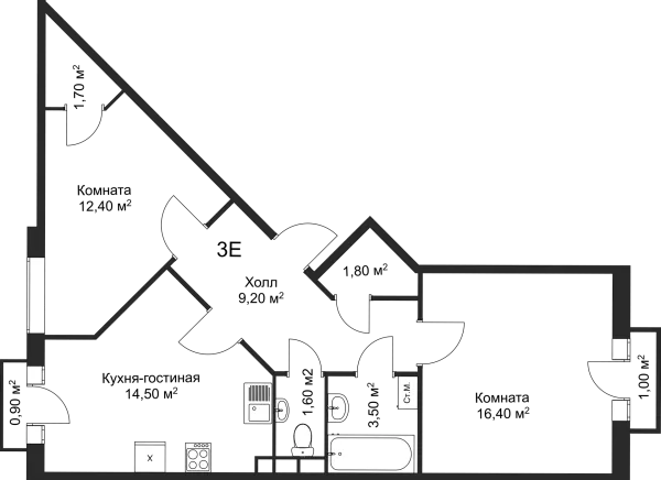 Планировка 2 комн. в ЖК Рахманинов