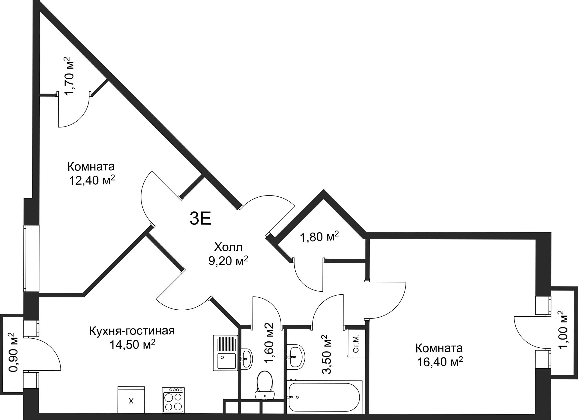 Планировка 2-комнатной квартиры 61.1 м² в ЖК Рахманинов, г. Новгород — фото 1