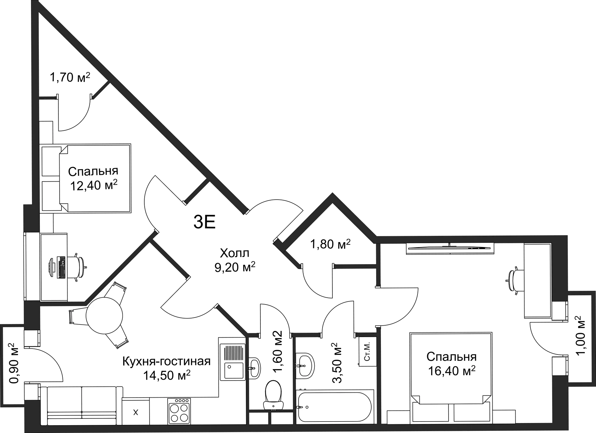 Планировка 2-комнатной квартиры 61.1 м² в ЖК Рахманинов, г. Новгород — фото 2