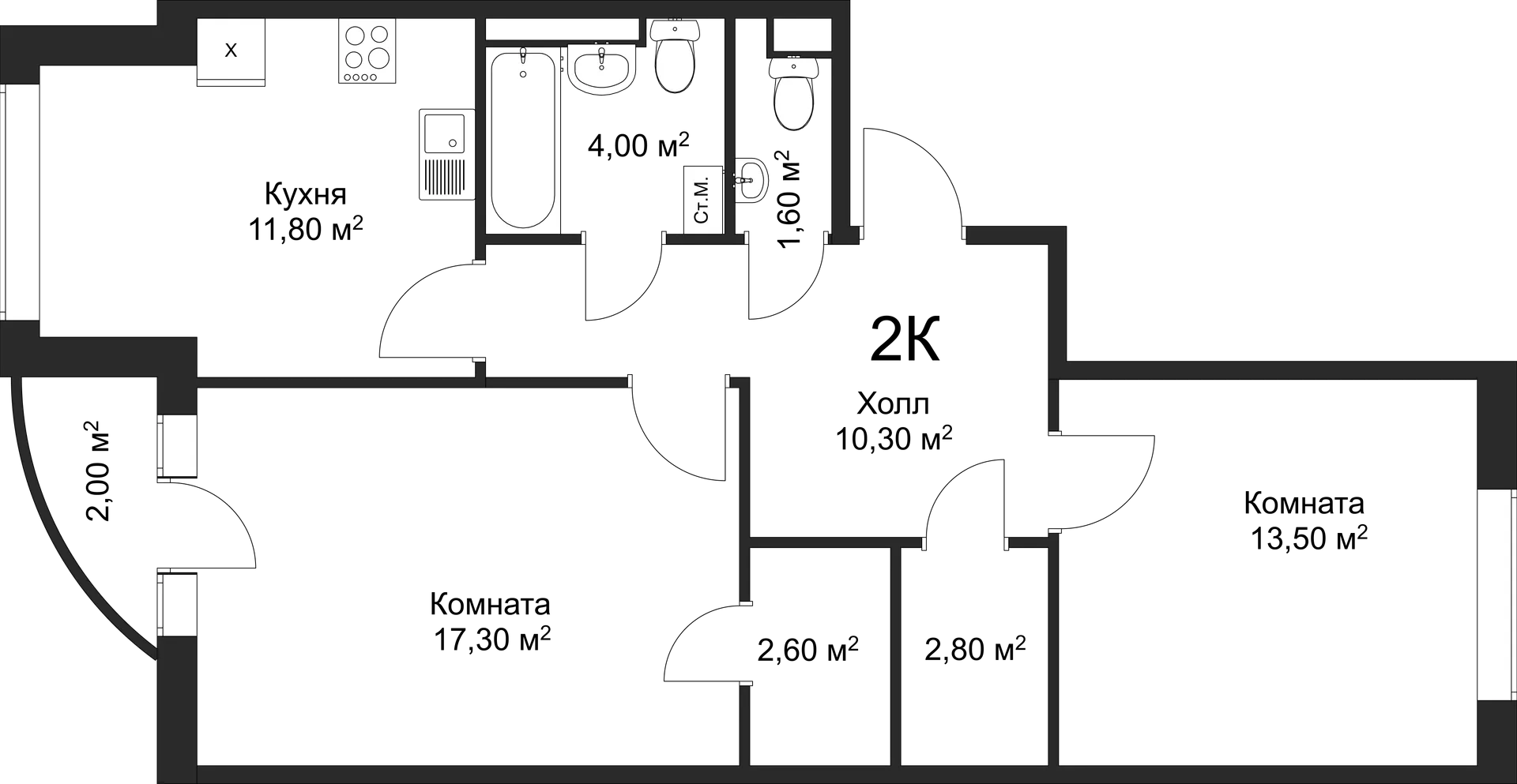 Планировка 2-комнатной квартиры 63.9 м² в ЖК Рахманинов, г. Новгород — фото 1
