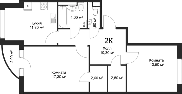 Планировка 2 комн. в ЖК Рахманинов