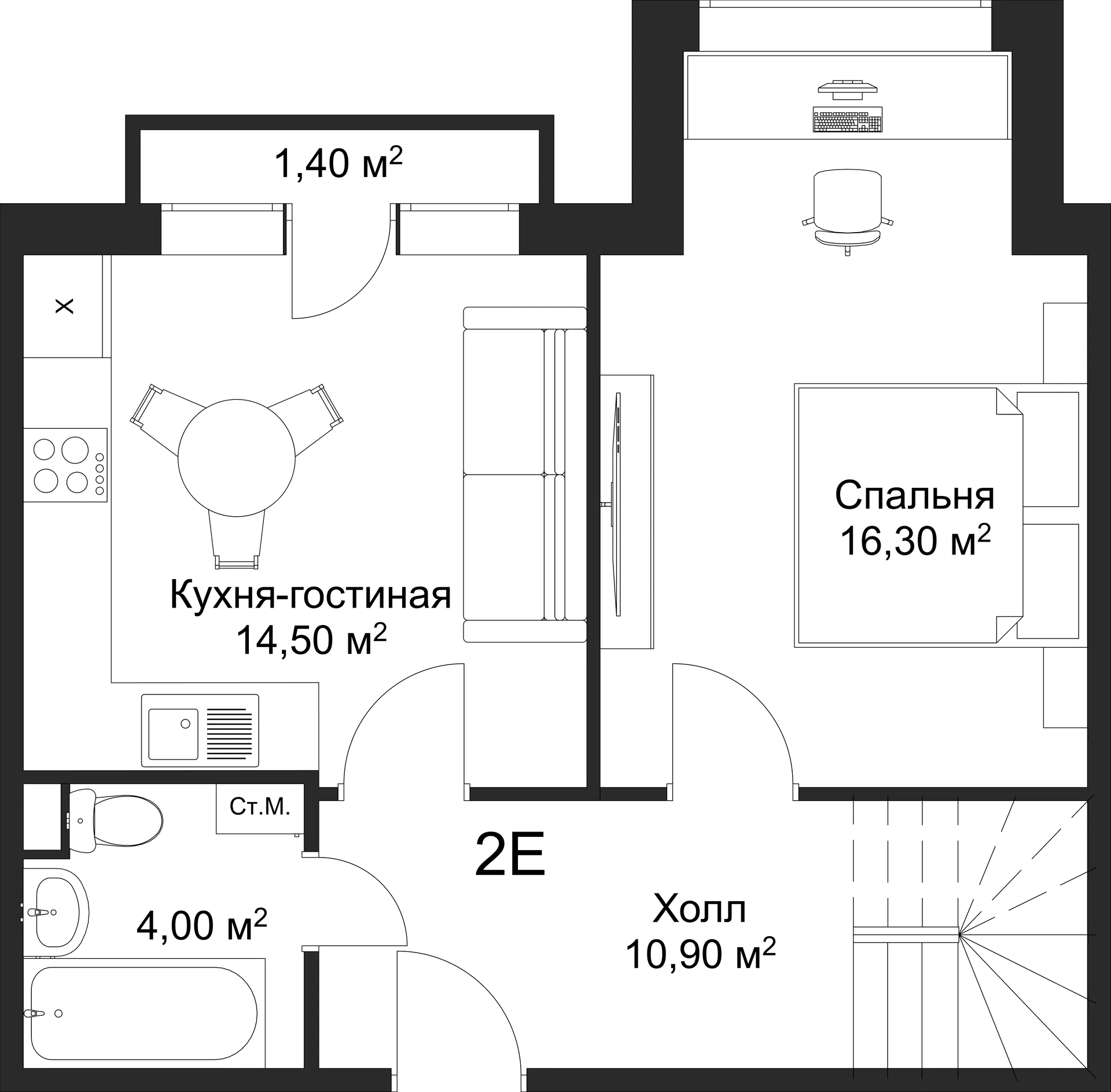 Планировка 1-комнатной квартиры 61.9 м² в ЖК Рахманинов, г. Новгород — фото 2