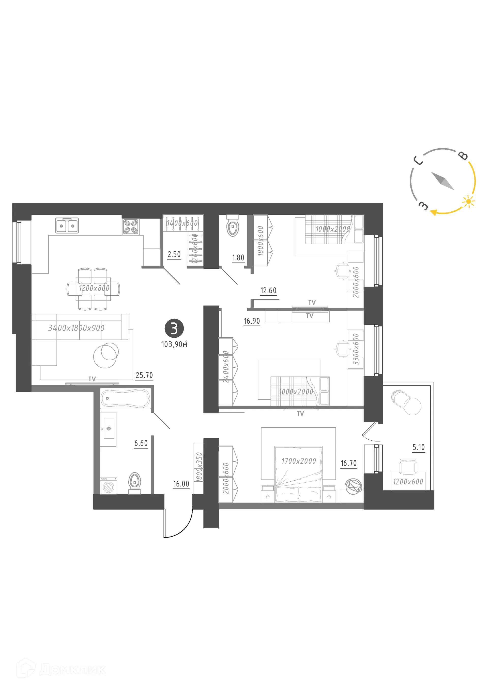 Планировка 3-комнатной квартиры 103.9 м² в Королёв, г. Новгород — фото 1