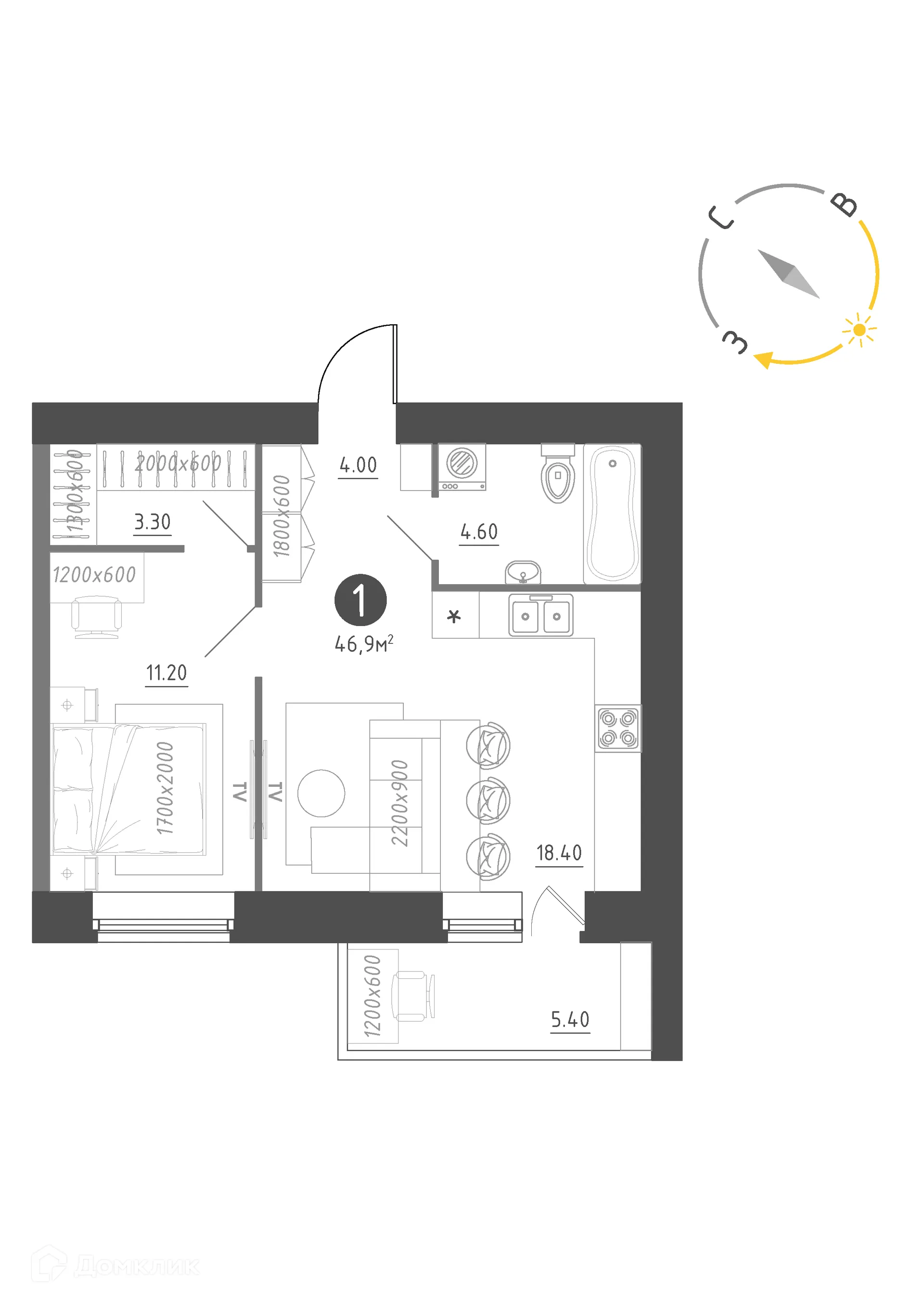 Планировка 1-комнатной квартиры 46.9 м² в Королёв, г. Новгород — фото 1