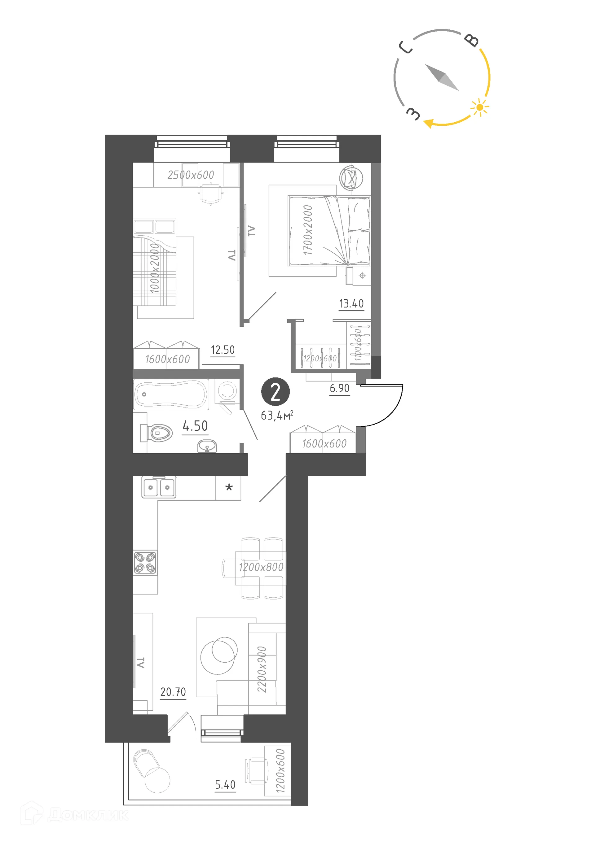 Планировка 2-комнатной квартиры 63.4 м² в Королёв, г. Новгород — фото 1