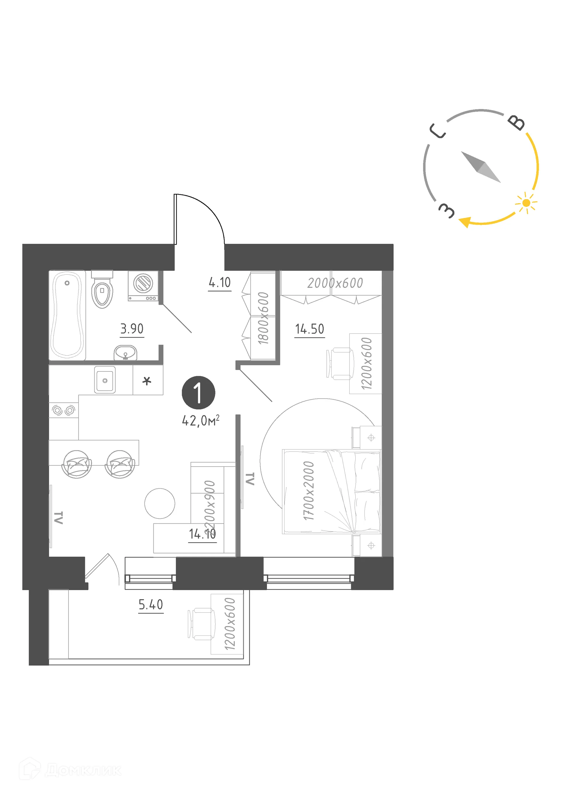 Планировка 1-комнатной квартиры 42 м² в Королёв, г. Новгород — фото 1