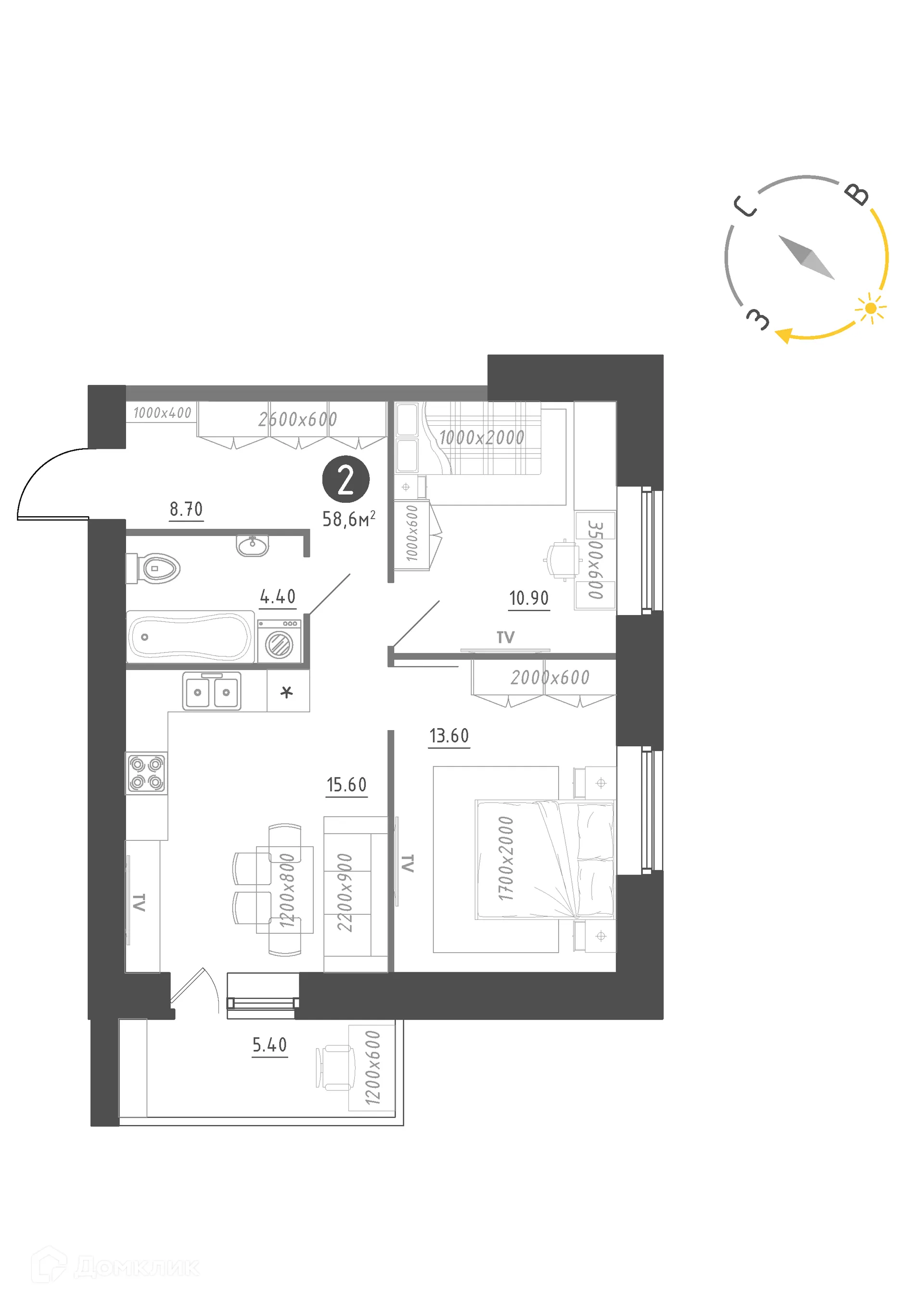Планировка 2-комнатной квартиры 58.6 м² в Королёв, г. Новгород — фото 1