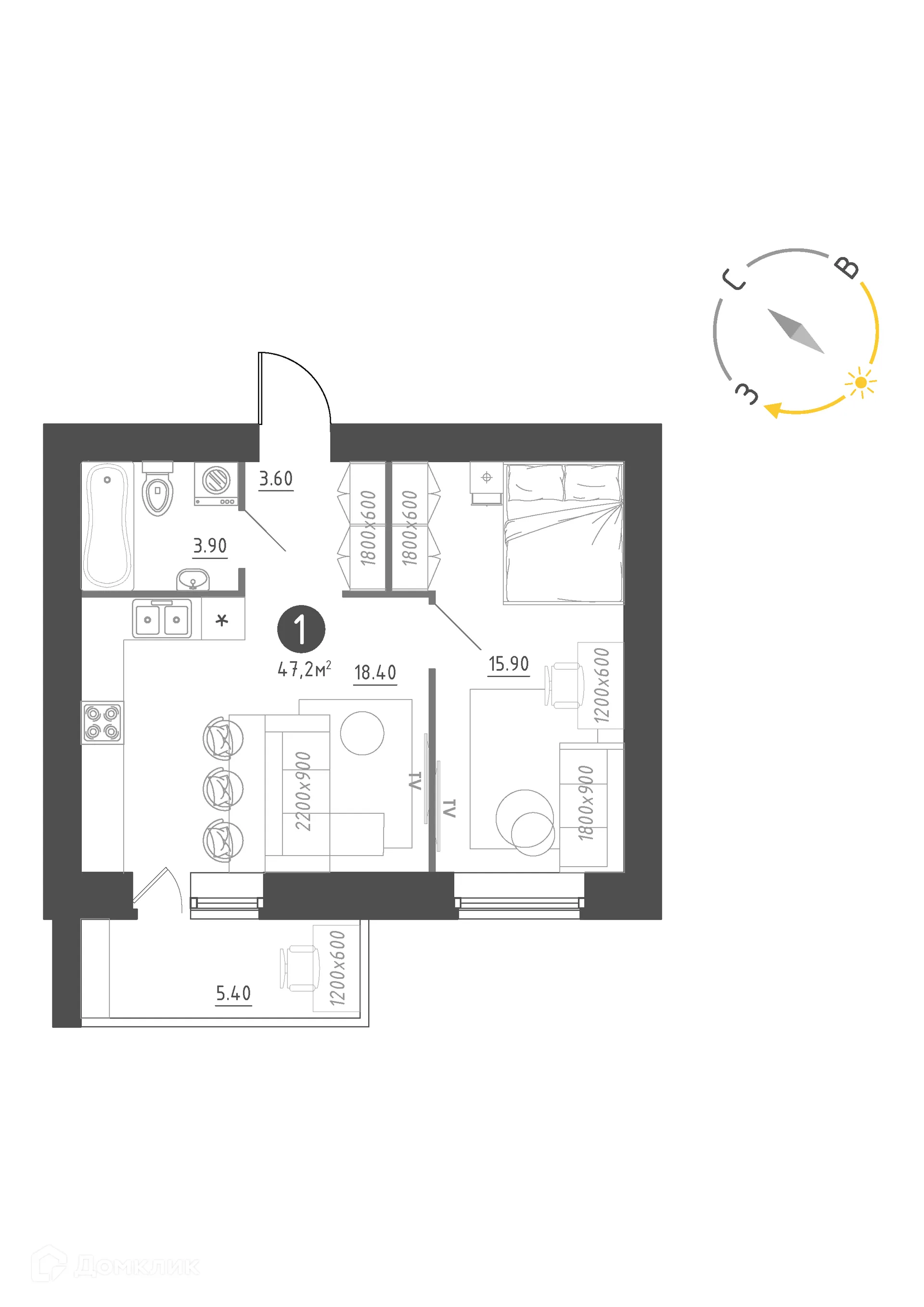 Планировка 1-комнатной квартиры 47.2 м² в Королёв, г. Новгород — фото 1