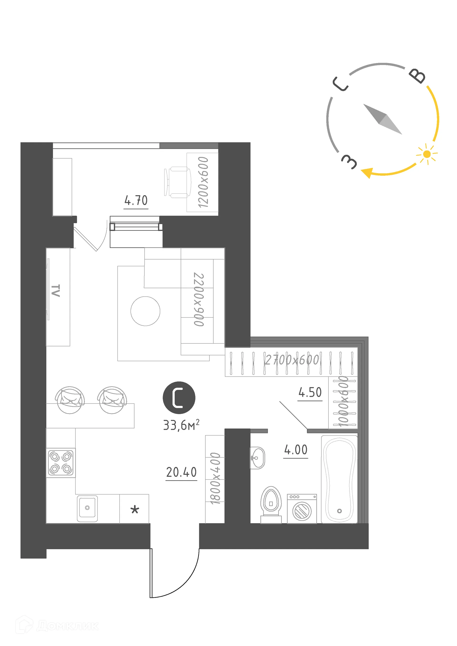 Планировка студии квартиры 33.6 м² в Королёв, г. Новгород — фото 1