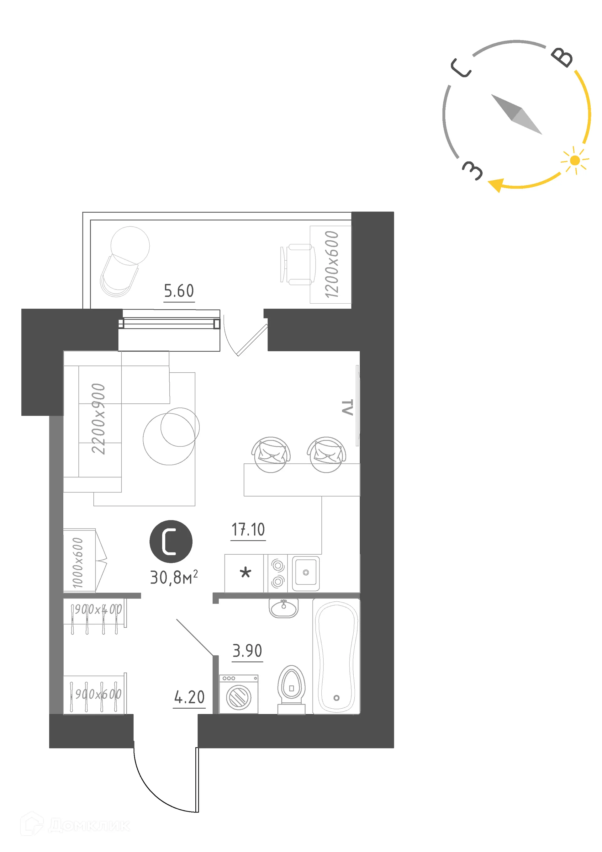 Планировка студии квартиры 30.8 м² в Королёв, г. Новгород — фото 1