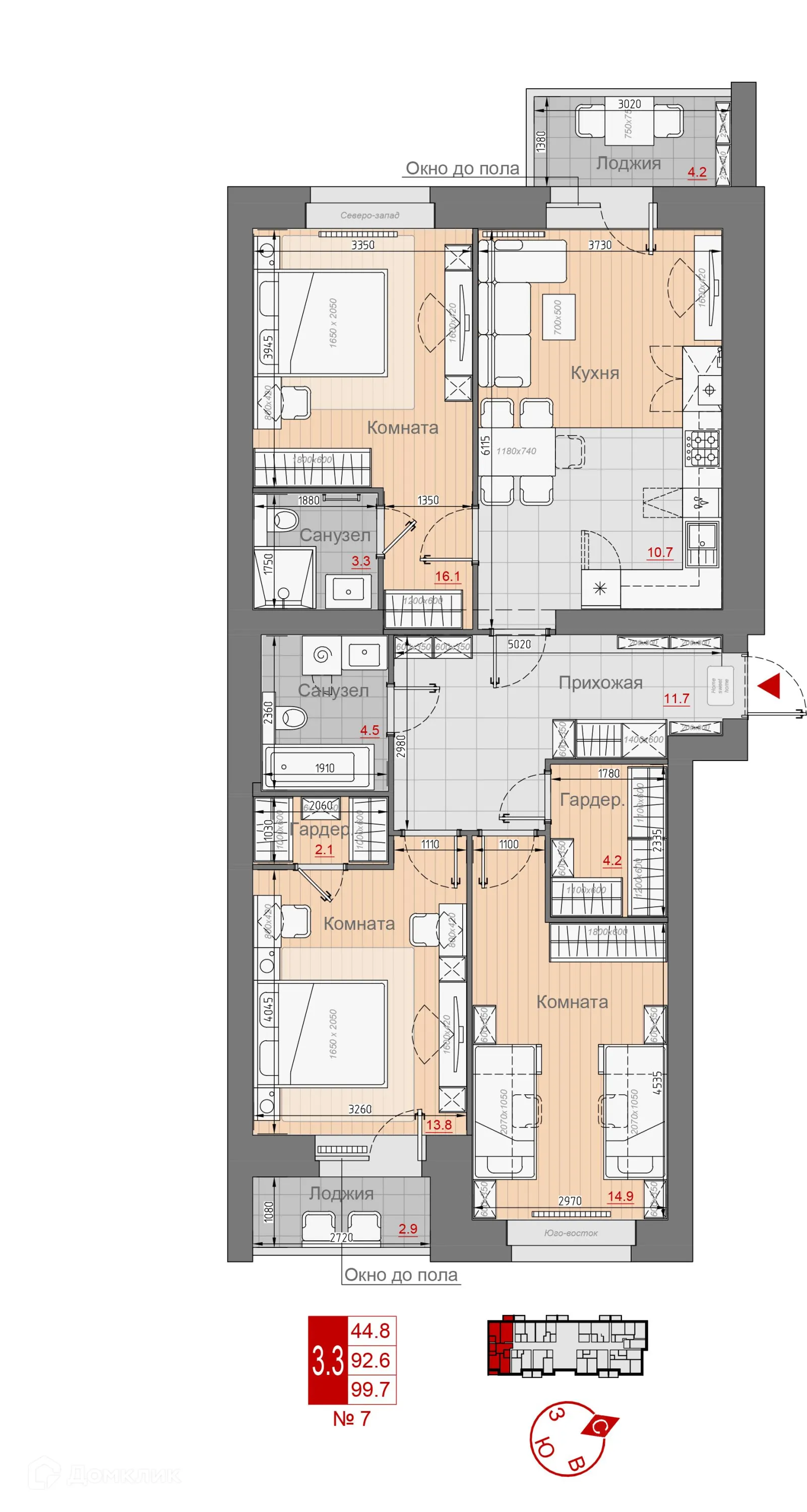 Планировка 3-комнатной квартиры 99.7 м² в ЖК Премиум, г. Новгород — фото 1