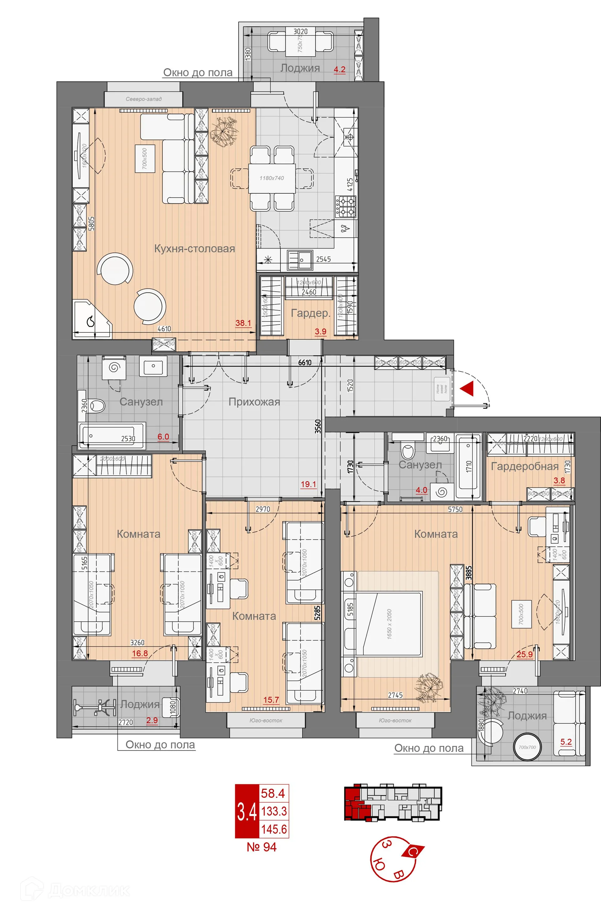 Планировка 3-комнатной квартиры 145.6 м² в ЖК Премиум, г. Новгород — фото 1