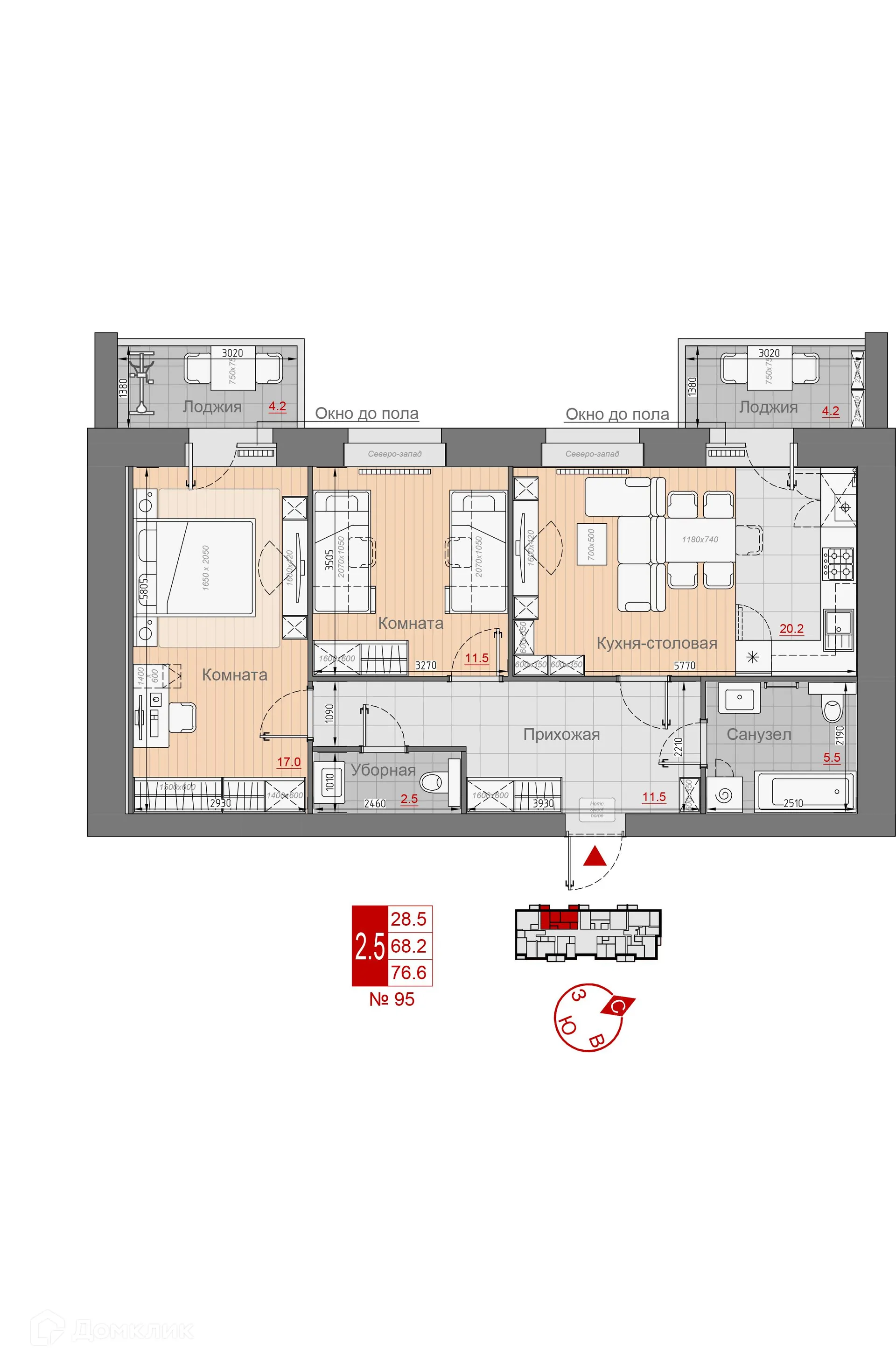 Планировка 2-комнатной квартиры 76.6 м² в ЖК Премиум, г. Новгород — фото 1