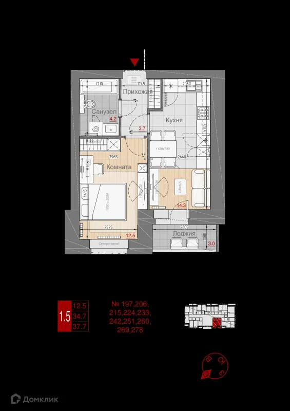 Планировка 1 комн. в ЖК Заречный