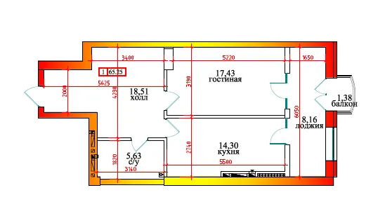 Планировка 1-комнатной квартиры 65.25 м² в ЖК Дом по ул Калинина, г. Владикавказ — фото 2