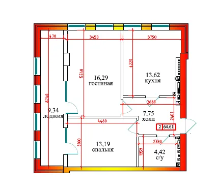 Планировка 2-комнатной квартиры 64.61 м² в ЖК Дом по ул Калинина, г. Владикавказ — фото 1