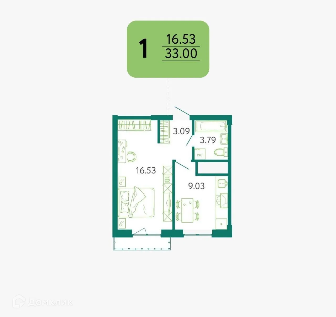 Планировка 1-комнатной квартиры 33 м² в ЖК в г. Белгород, г. Белгород — фото 1