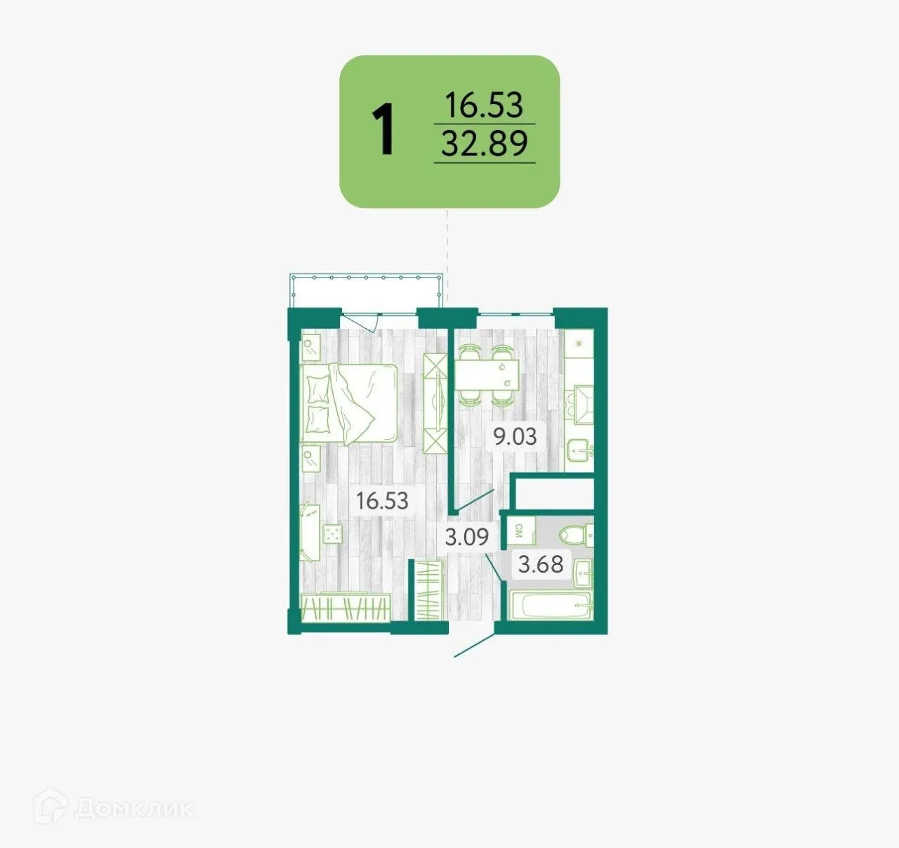 Планировка 1-комнатной квартиры 32.89 м² в ЖК в г. Белгород, г. Белгород — фото 1