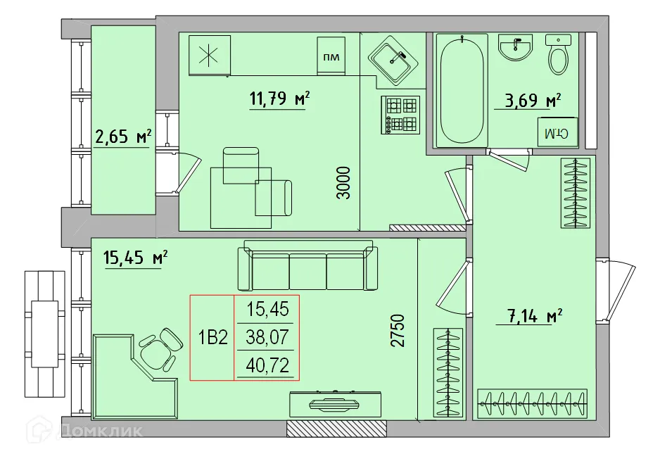 Планировка 1-комнатной квартиры 40.72 м² в ЖК Луч, г. Белгород — фото 1